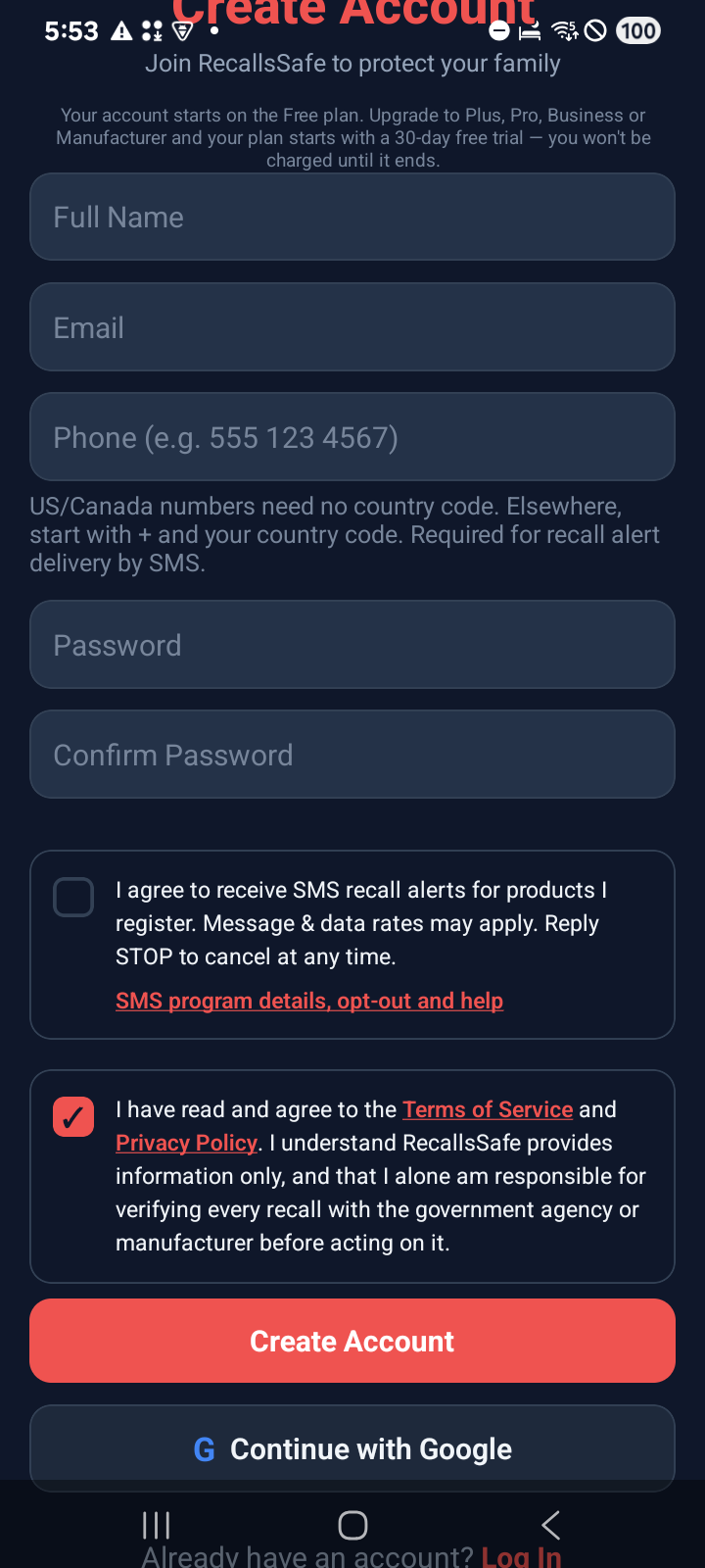 The same Android sign-up screen with only the Terms and Privacy checkbox ticked. The SMS consent checkbox is still unticked and the Create Account button is enabled.