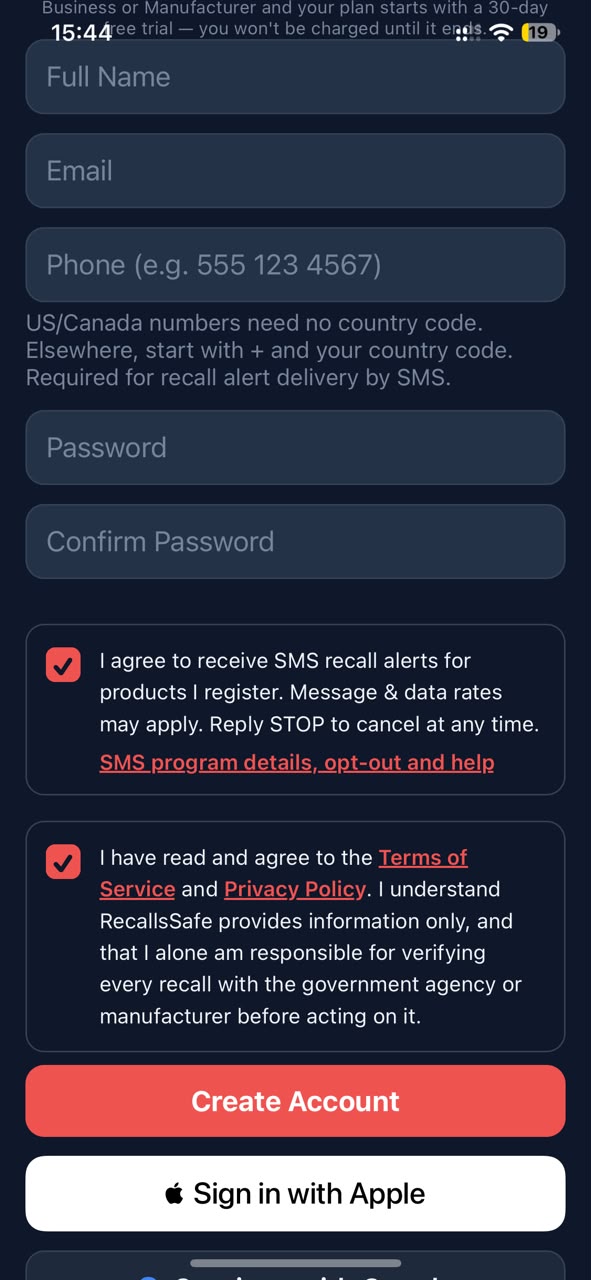 The same iPhone sign-up screen after the person has ticked the SMS consent checkbox and the Terms checkbox, with the Create Account button enabled.