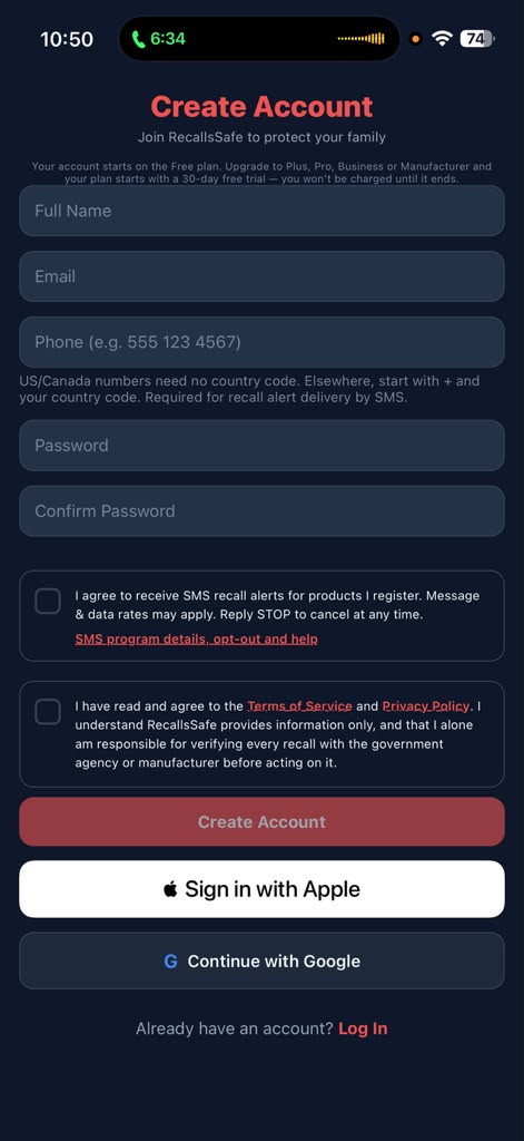 The RecallsSafe iPhone sign-up screen. The SMS consent checkbox, unticked, reads: I agree to receive SMS recall alerts for products I register. Message and data rates may apply. Reply STOP to cancel at any time. A link below it reads SMS program details, opt-out and help. The Terms and Privacy checkbox is below it, also unticked, above the Create Account button.